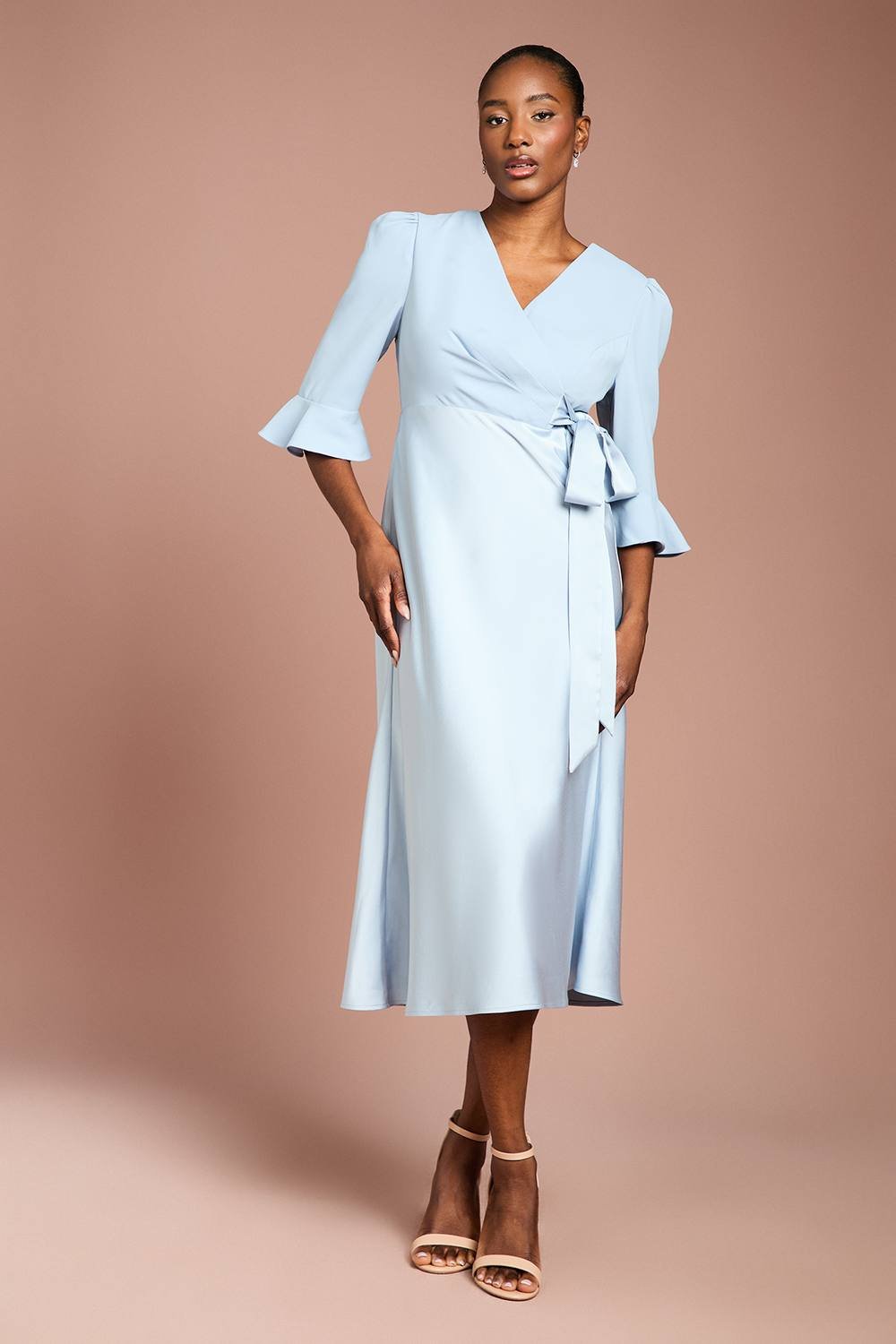 Coast Coast Women's Ruffle Sleeve Satin Back Crepe Wrap Dress in Pale Blue - 4