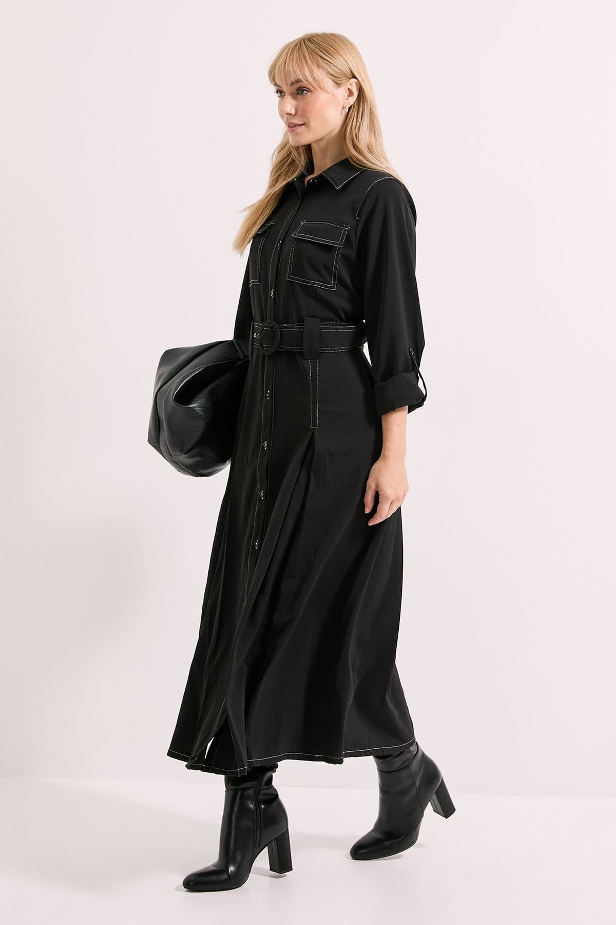 Principles Principles Women's Black Stitch Belted Utility Dress