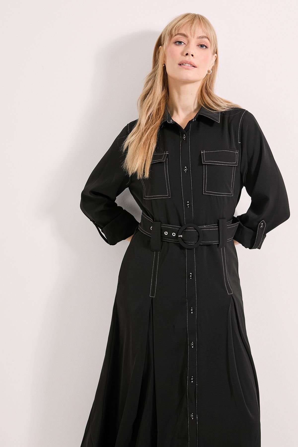 Principles Principles Women's Black Stitch Belted Utility Dress - 4