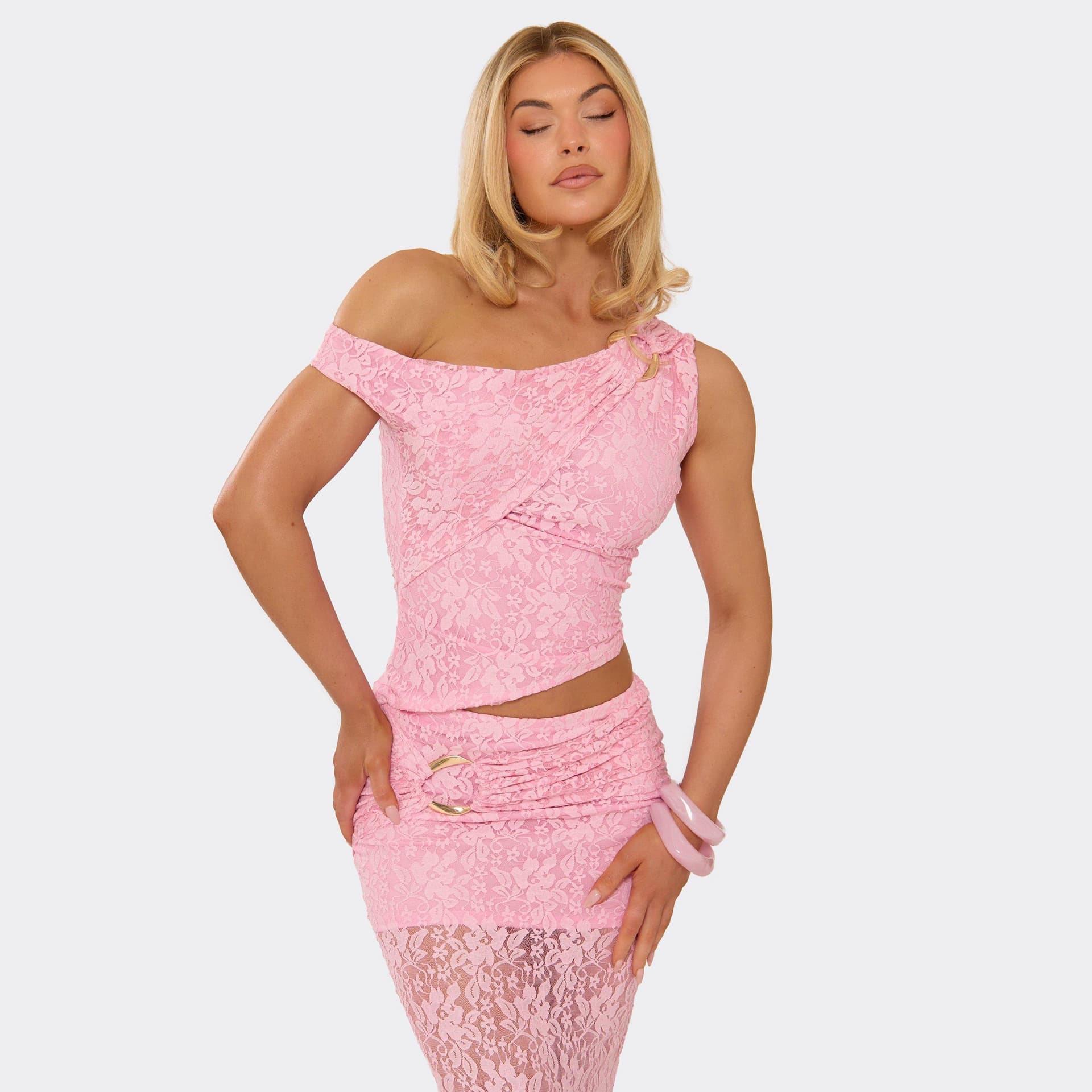 EGO EGO Pink Lace Off-Shoulder Asymmetric Trim Top