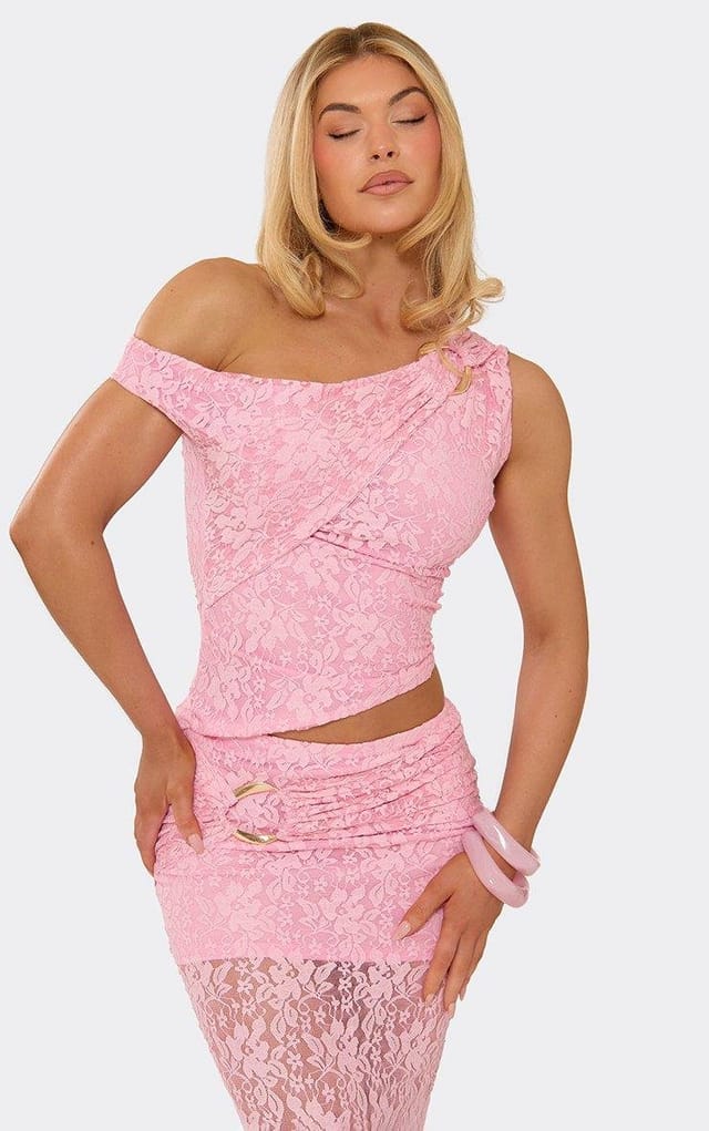 EGO Off The Shoulder Asymmetric Trim Detail Top In Pink Lace, Women's Size UK 6 - 2