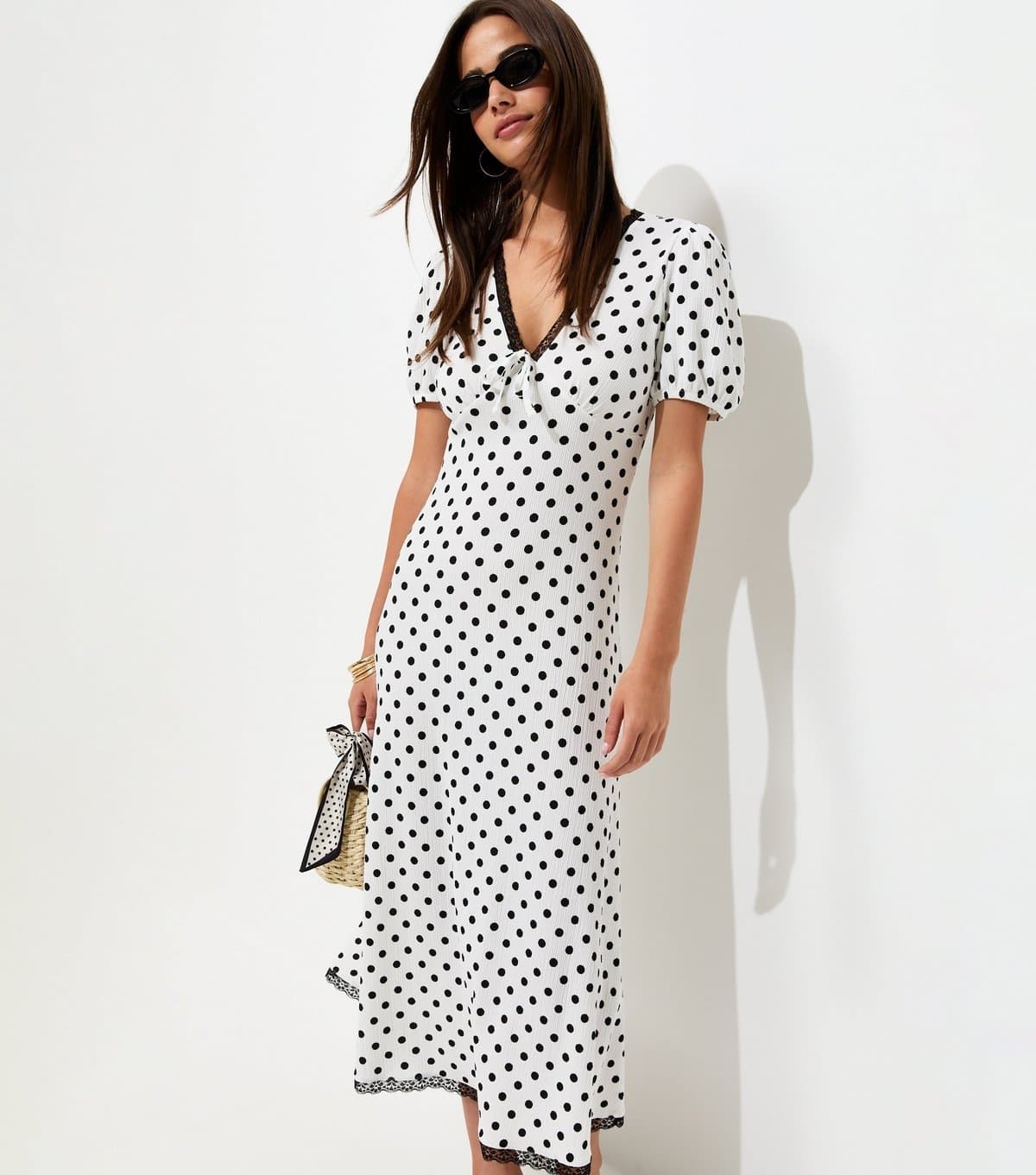New Look Women's Cream Polka Dot Short Sleeve Midi Dress New Look