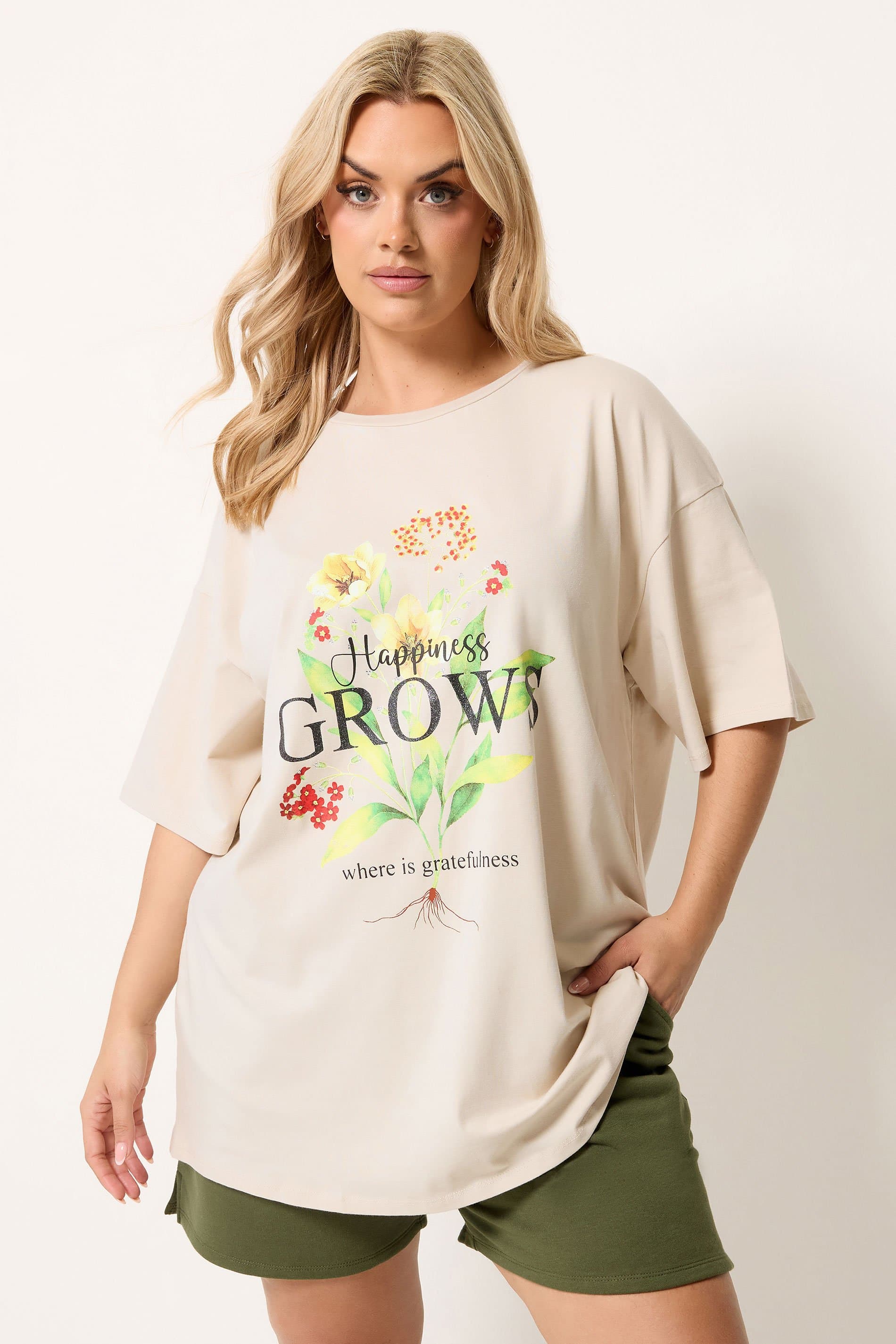 Yours Plus Size Natural Brown 'Happiness Grows' Tshirt