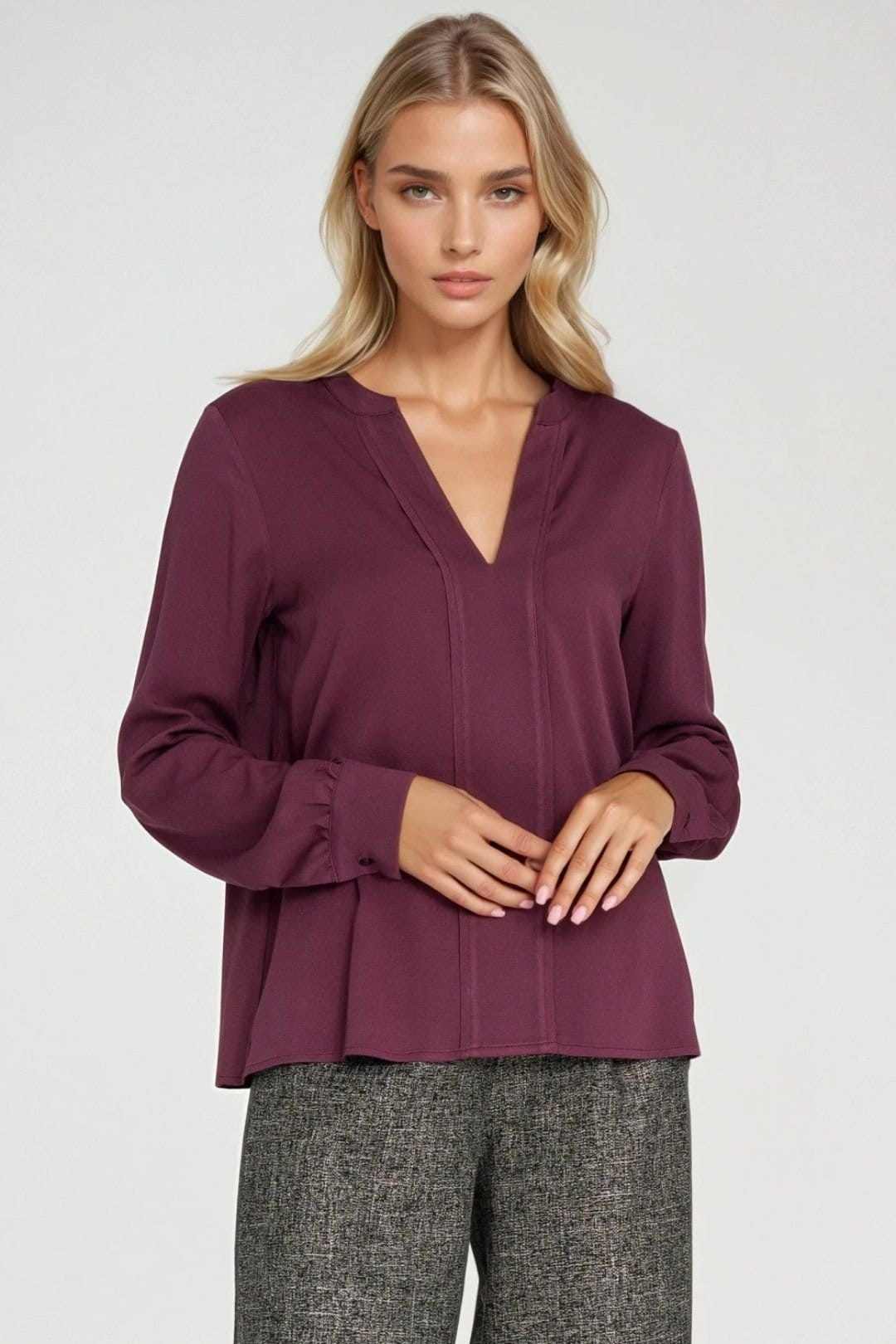 Love Lace Love Lace Women's Classic V Neck Viscose Pleated Blouse Style 217580 in Plum - 4