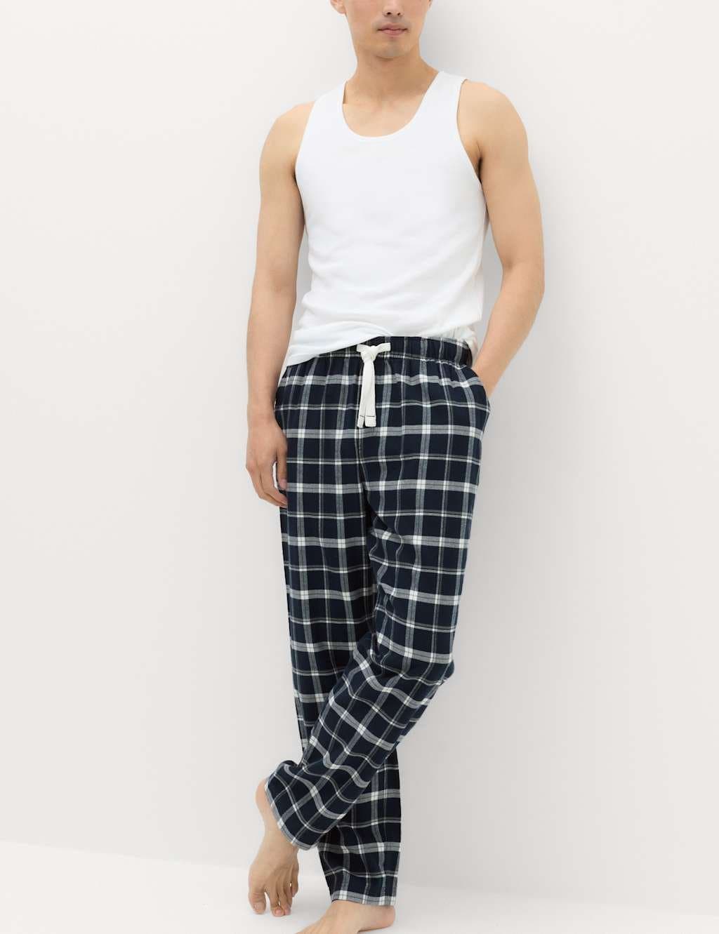 Marks & Spencer M&S Pure Cotton Checked Loungewear Bottoms Navy Mix