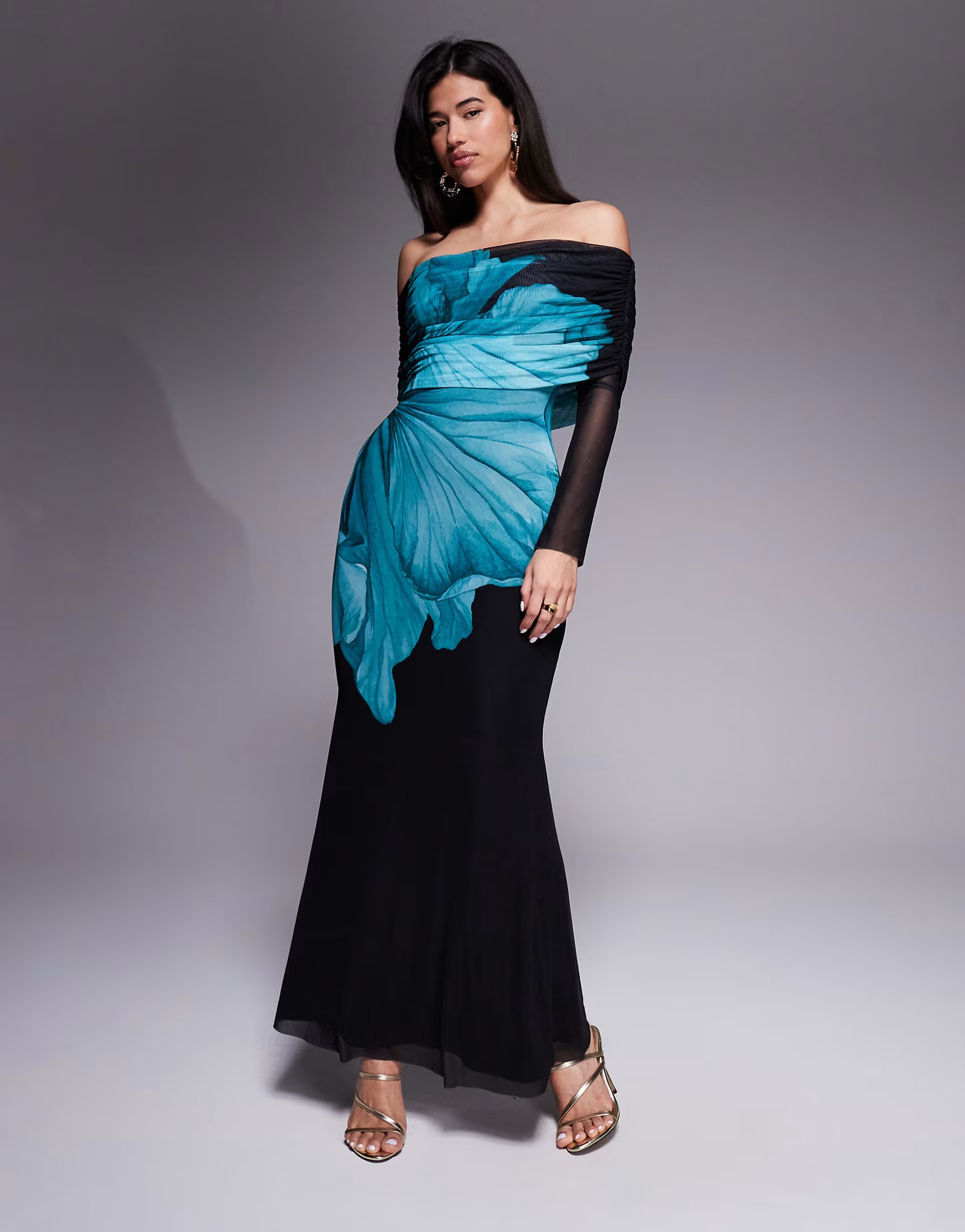 ASOS AFRM stretch mesh off the shoulder teal flower maxi dress in black - 1