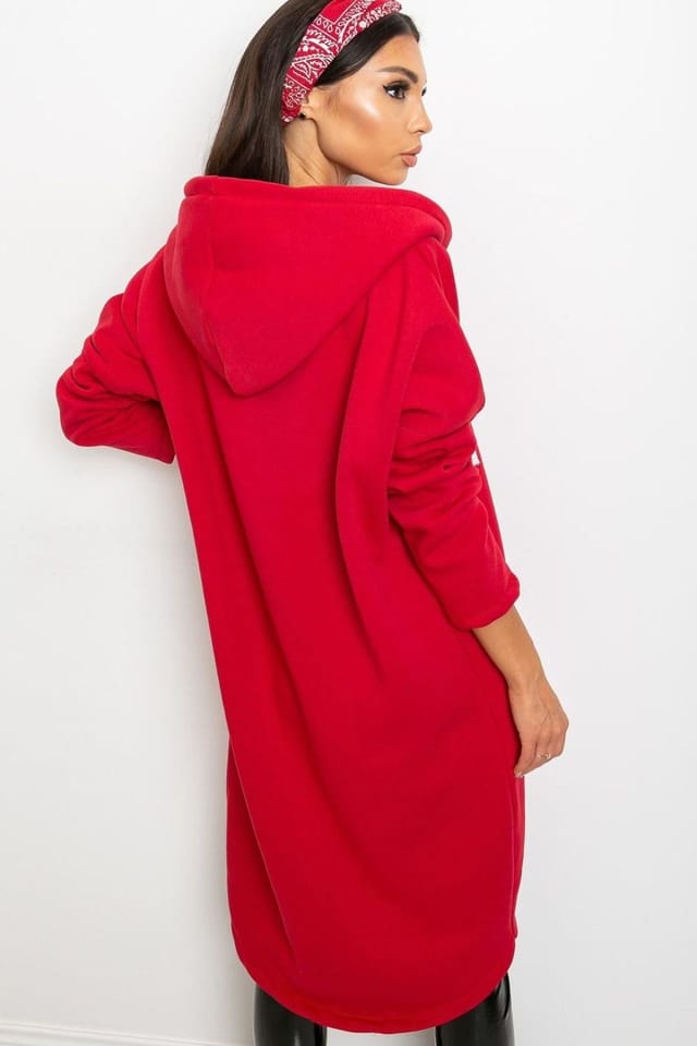 Love Lace Love Lace Women's Zippered Hooded Extended Sweatshirt with Pockets in Red - 3