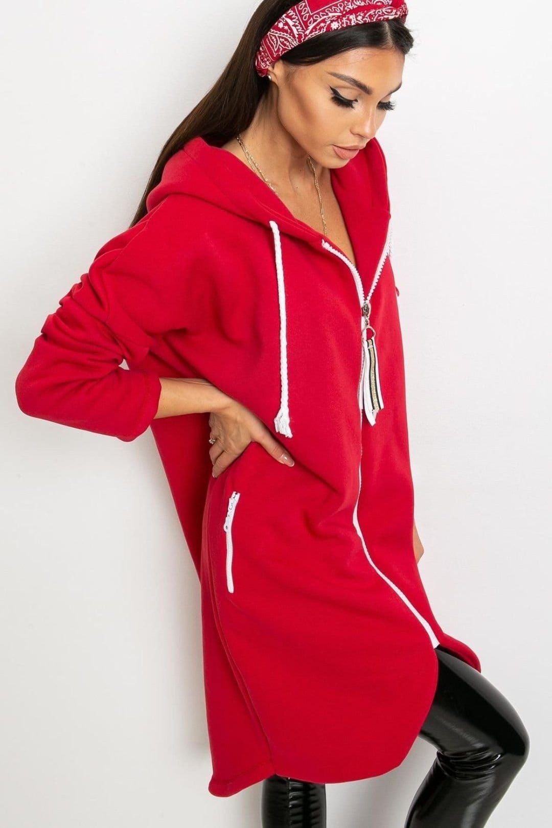 Love Lace Love Lace Women's Zippered Hooded Extended Sweatshirt with Pockets in Red - 4