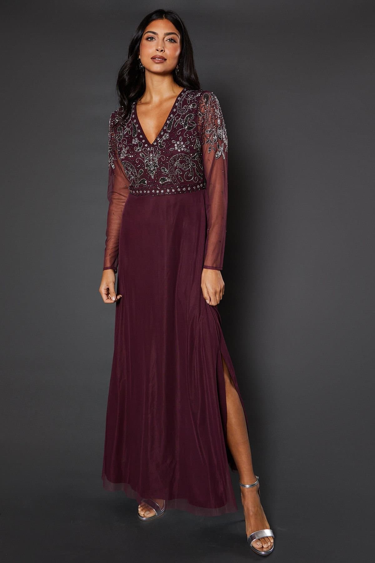 Wallis Wallis Women's Occasion Embellished Sequin Mesh Maxi Dress in Wine