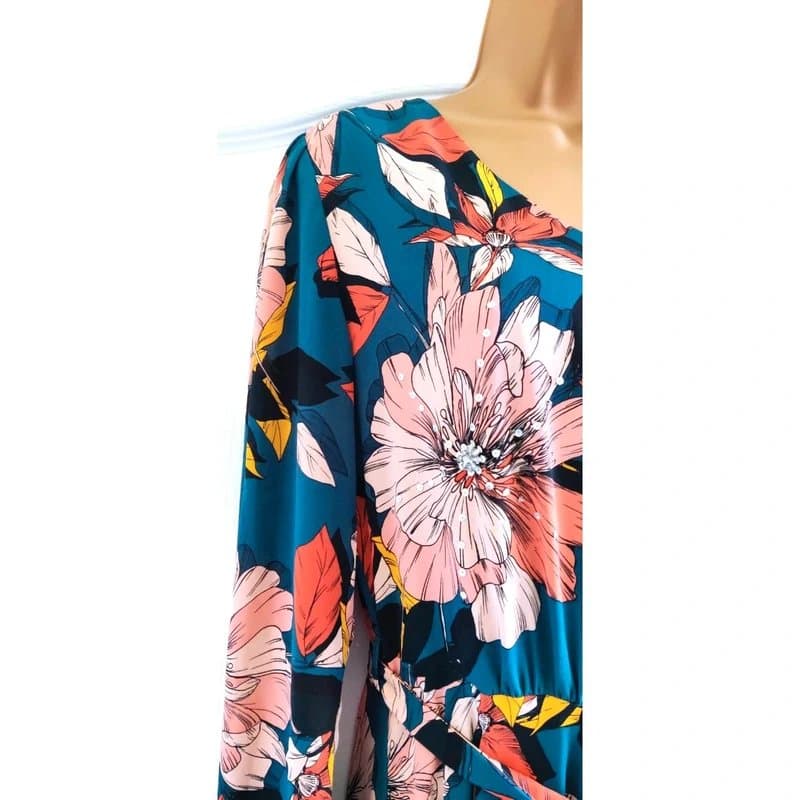 Joe Browns Joe Browns Teal Floral Chiffon Midi Dress Long Sleeves Size 12