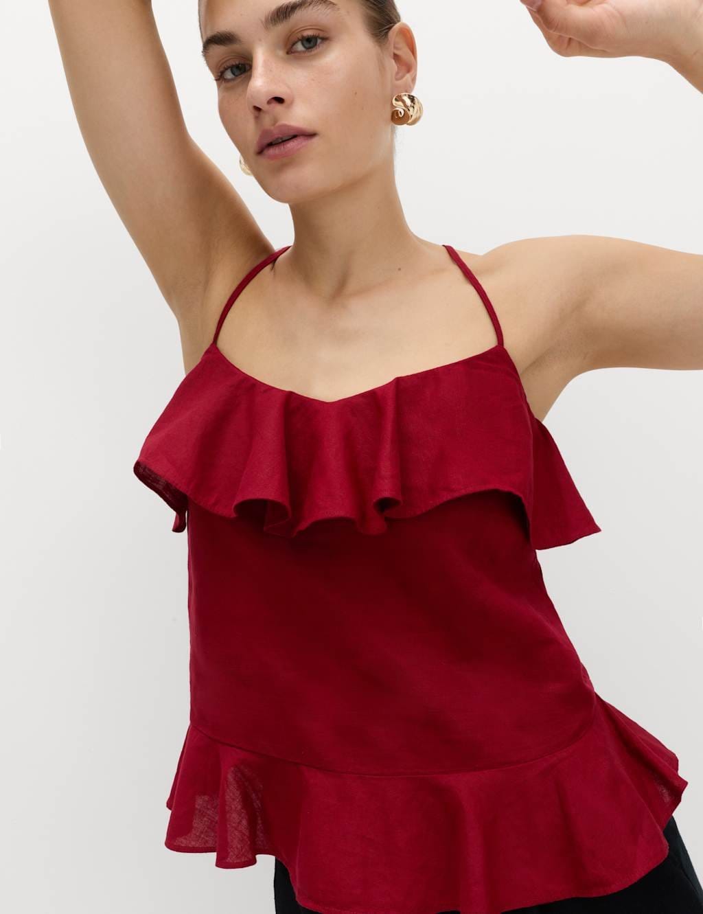 Marks & Spencer M&S Linen Cotton Blend Ruffle Cami Top Dark Red - 1