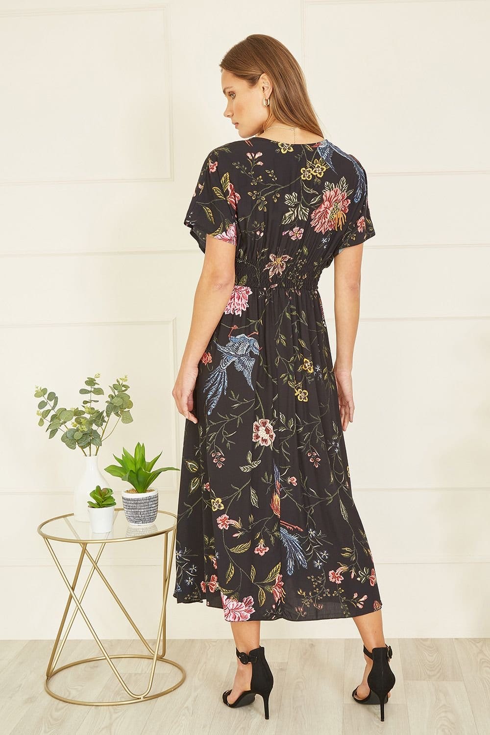 Yumi Yumi Women's Black Viscose Bird & Floral Print Kimono Midi Dress - 4