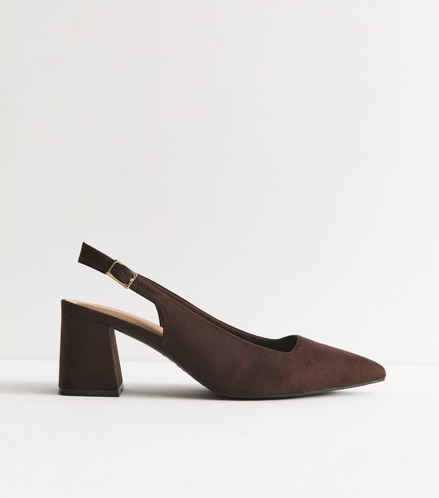 New Look Women's Wide Fit Dark Brown Faux Suede Block Heel Slingback Pumps Vegan New Look - 2