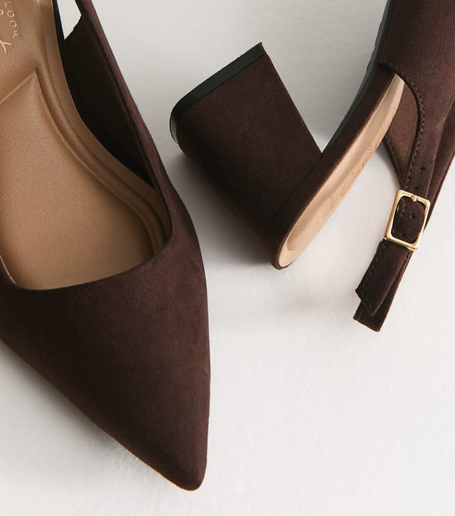 New Look Women's Wide Fit Dark Brown Faux Suede Block Heel Slingback Pumps Vegan New Look - 3