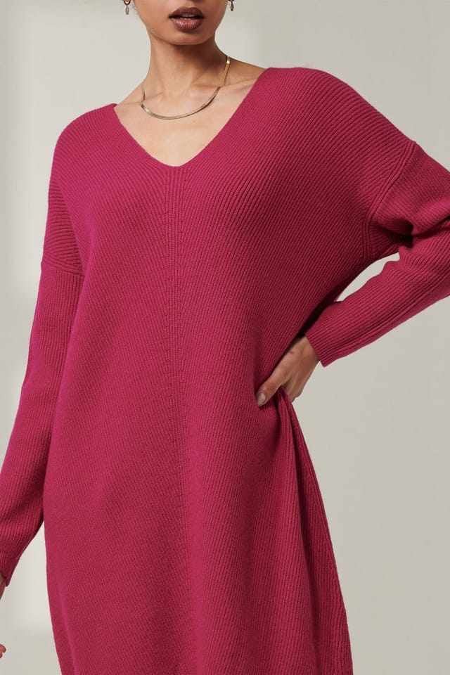 Jolie Moi Jolie Moi Women's V-Neck Ribbed Knit Tunic Jumper in Raspberry - 3