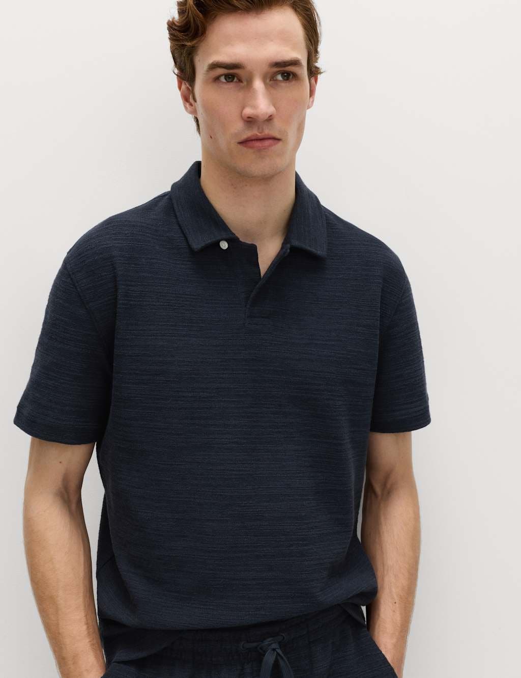 Marks & Spencer M&S Cotton Rich Notch Neck Boucle Polo Shirt Navy