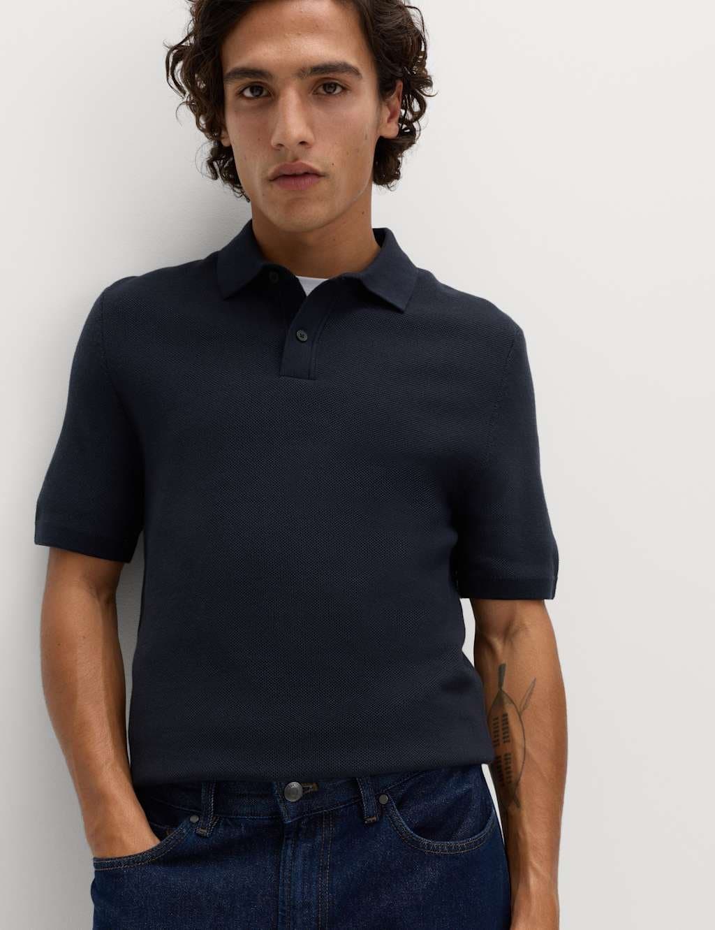 Marks & Spencer M&S Cotton Rich Slim Fit Knitted Polo Shirt Navy