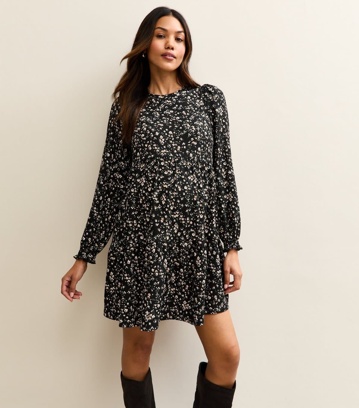 New Look Women's Maternity Black Ditsy Smock Tiered Mini Dress New Look
