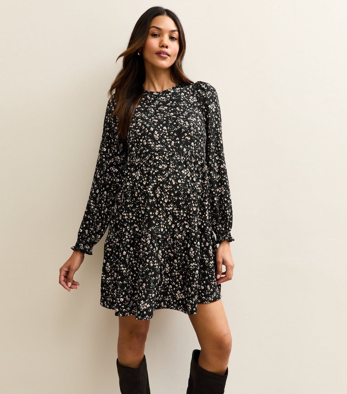 Women's Maternity Black Ditsy Smock Tiered Mini Dress New Look