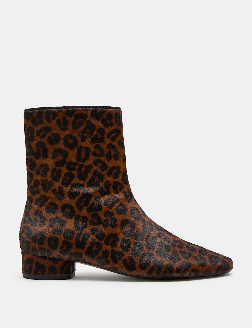 Marks & Spencer M&S Leather Leopard Print Block Heel Sock Boots Brown Mix
