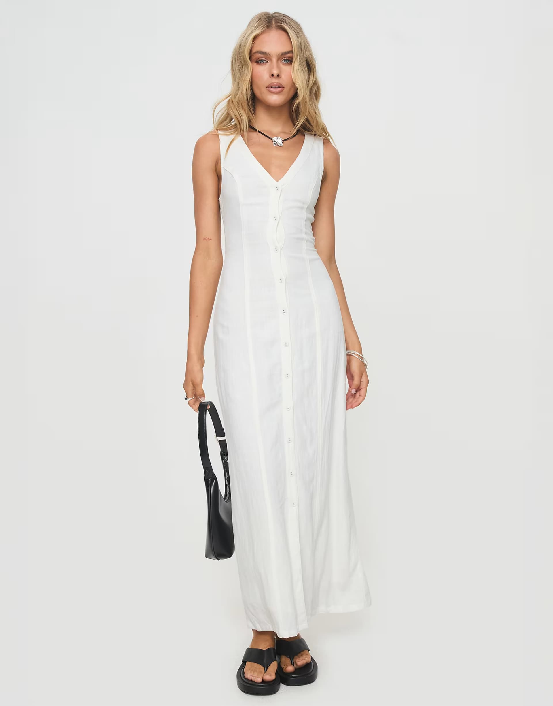 ASOS Princess Polly Summer Season linen blend button through v-neck sleeveless maxi dress in white