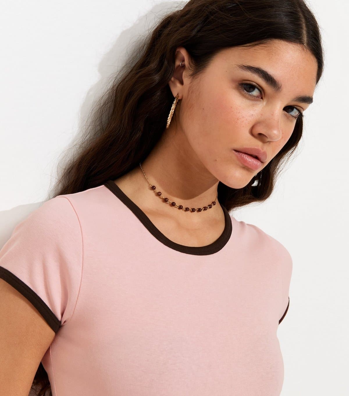 New Look Women's Pink Contrast Trim Baby Tee T-Shirt New Look