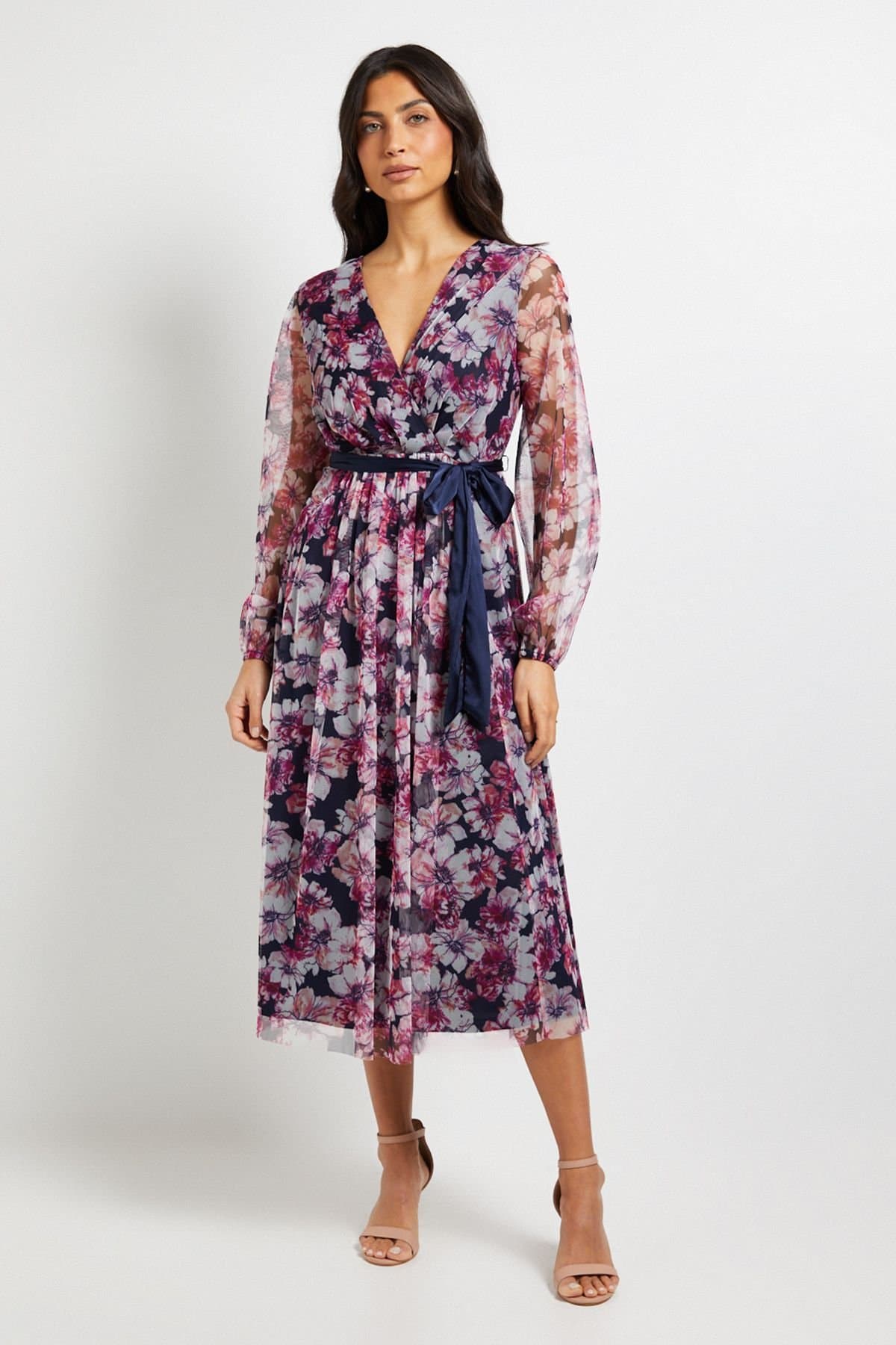 Wallis Wallis Women's Floral Mesh Satin Tie Midi Dress in Navy