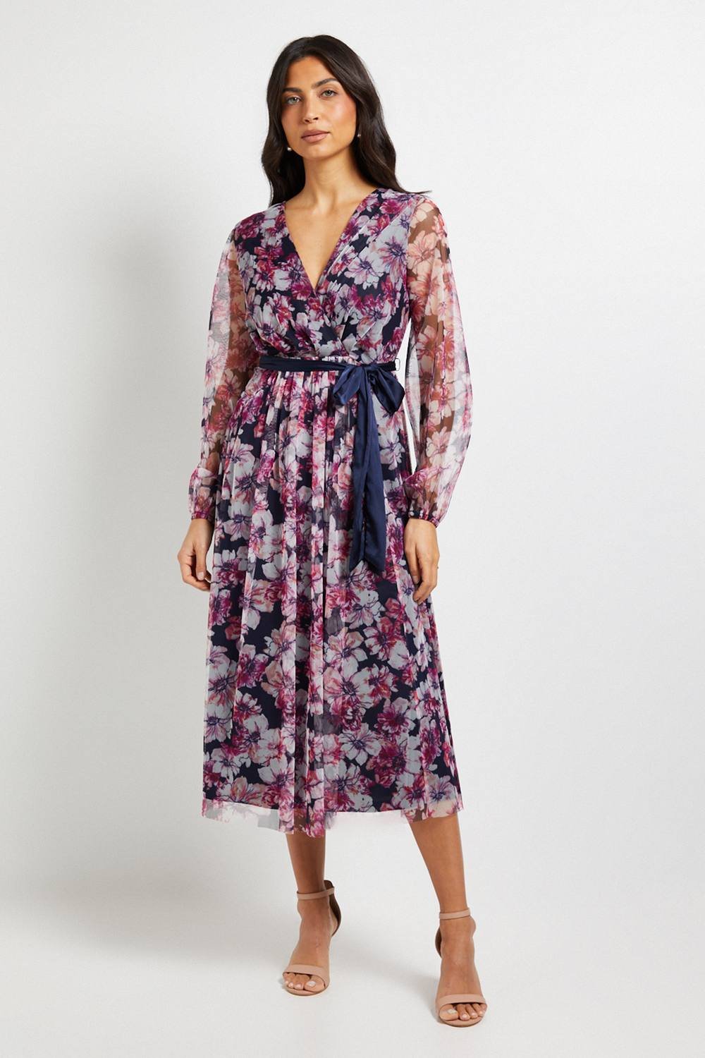 Wallis Wallis Women's Floral Mesh Satin Tie Midi Dress in Navy - 2