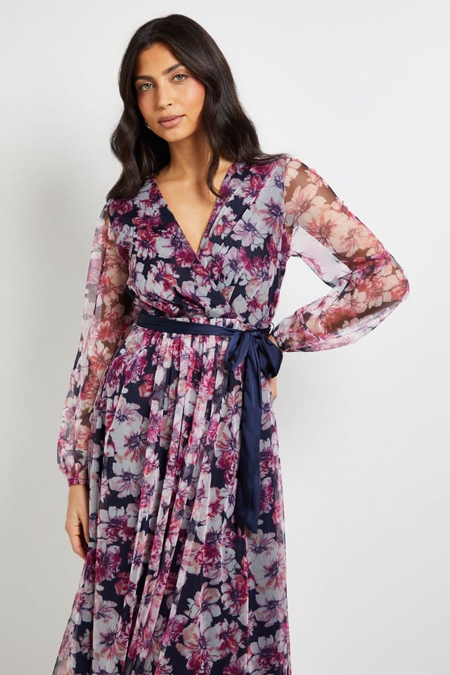 Wallis Wallis Women's Floral Mesh Satin Tie Midi Dress in Navy - 2