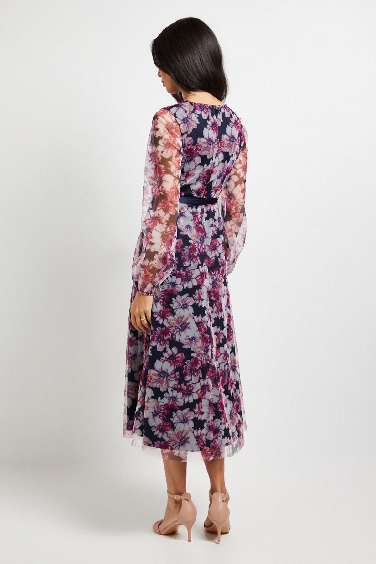 Wallis Wallis Women's Floral Mesh Satin Tie Midi Dress in Navy - 3