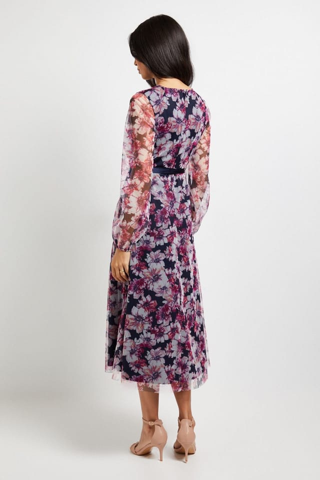 Wallis Wallis Women's Floral Mesh Satin Tie Midi Dress in Navy - 3