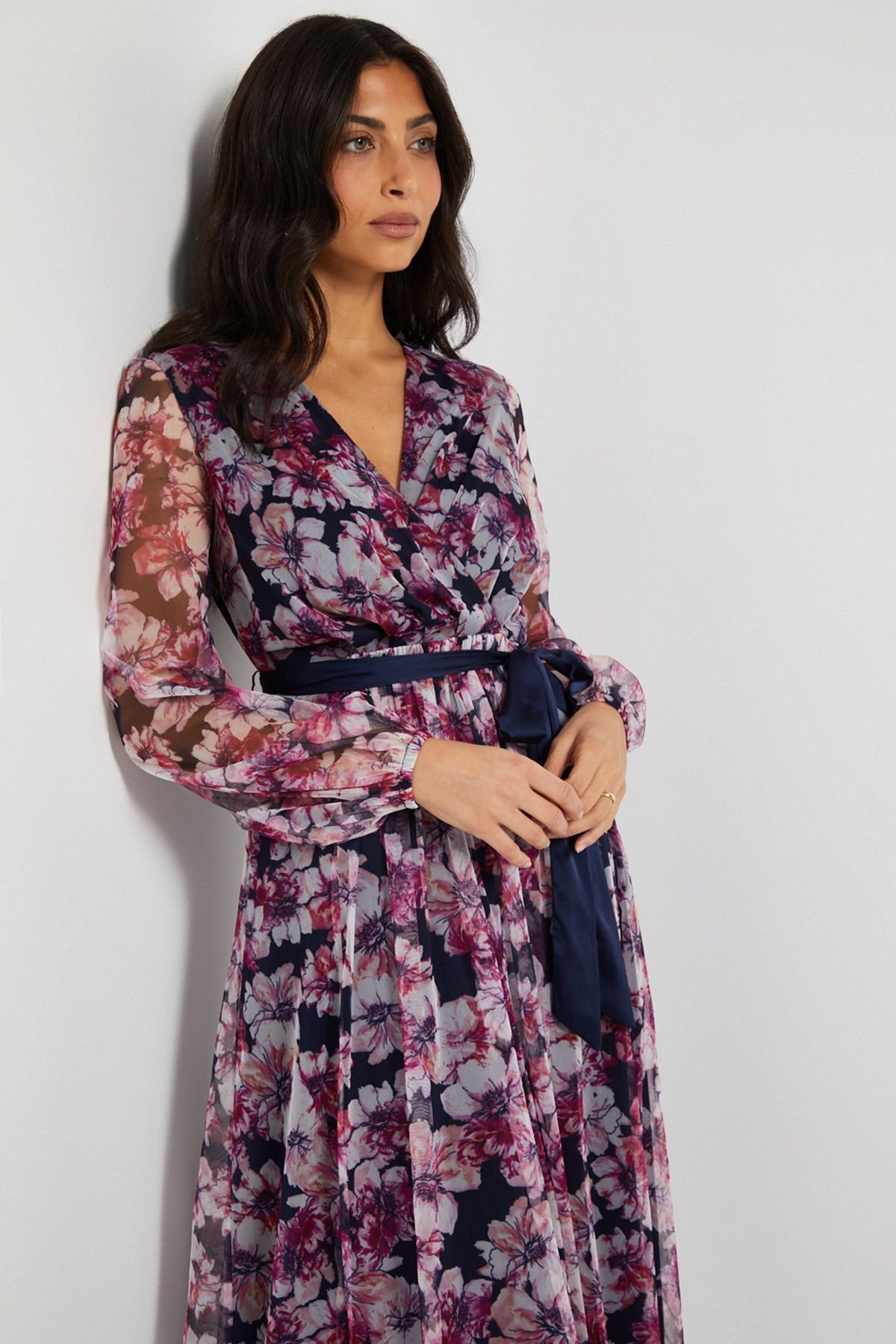 Wallis Wallis Women's Floral Mesh Satin Tie Midi Dress in Navy - 4
