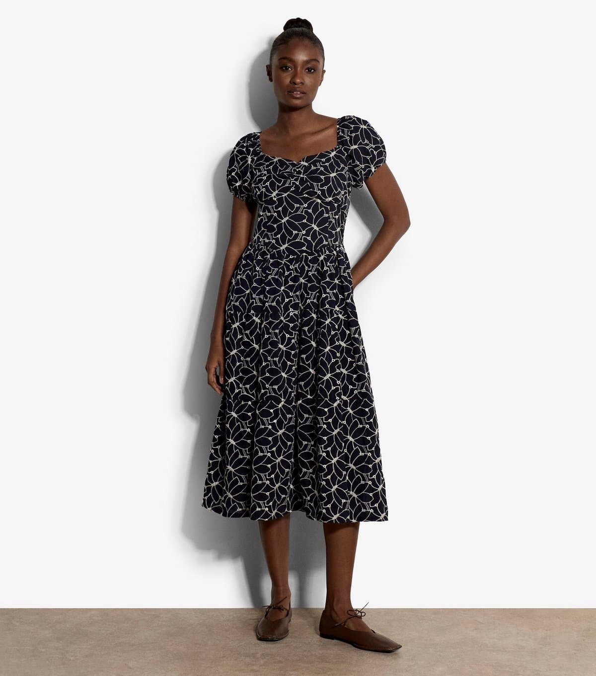 Apricot Women's Navy Embroidered Floral Milkmaid Midi Dress Apricot New Look