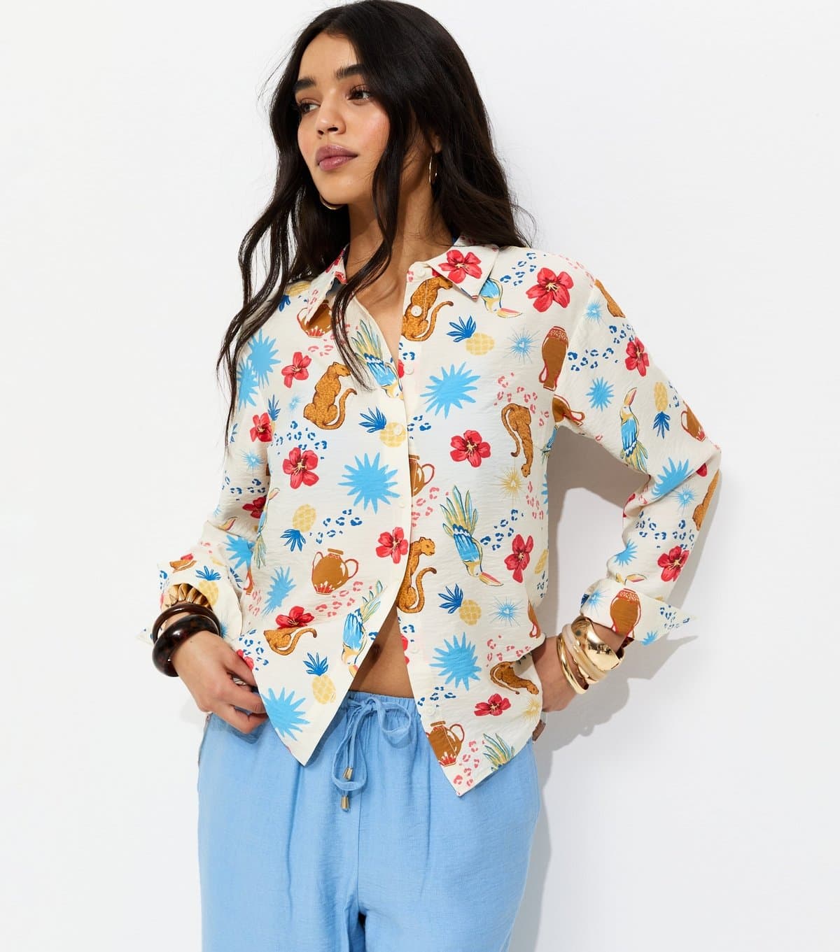 New Look Women's Multicoloured Animal Floral Print Long Sleeve Shirt New Look
