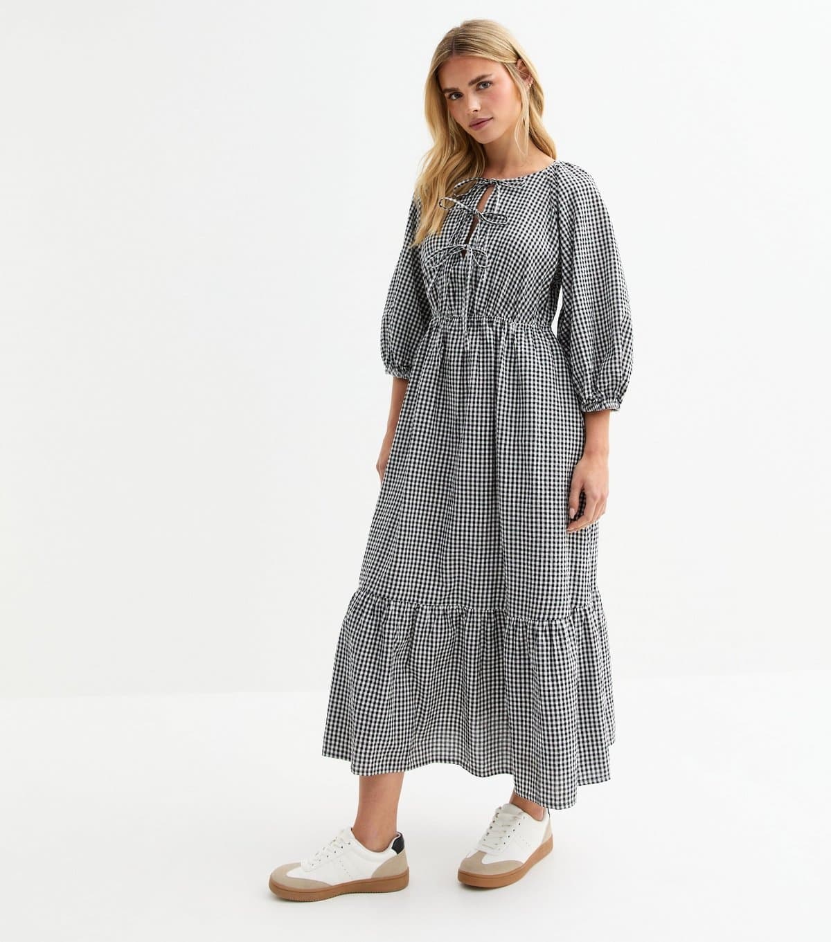 New Look New Look Black Checked Tie Neck Midi Dress