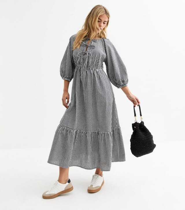 New Look Women's Petite Black Checked Tie Neck Midi Dress New Look - 3