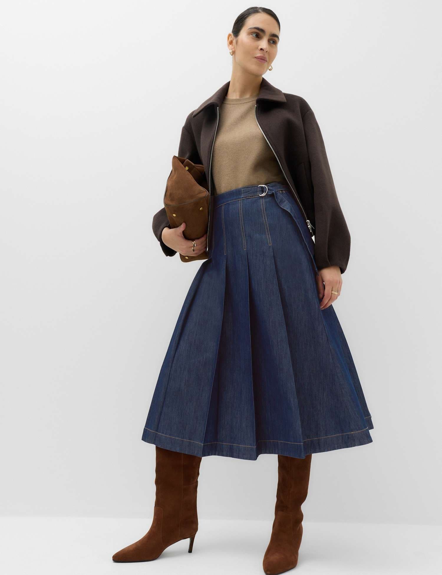 Marks & Spencer M&S Denim Pleated Midi Skirt Dark Denim