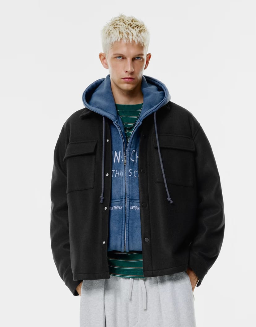 ASOS Pull&Bear Cloth overshirt with pockets in black - 1
