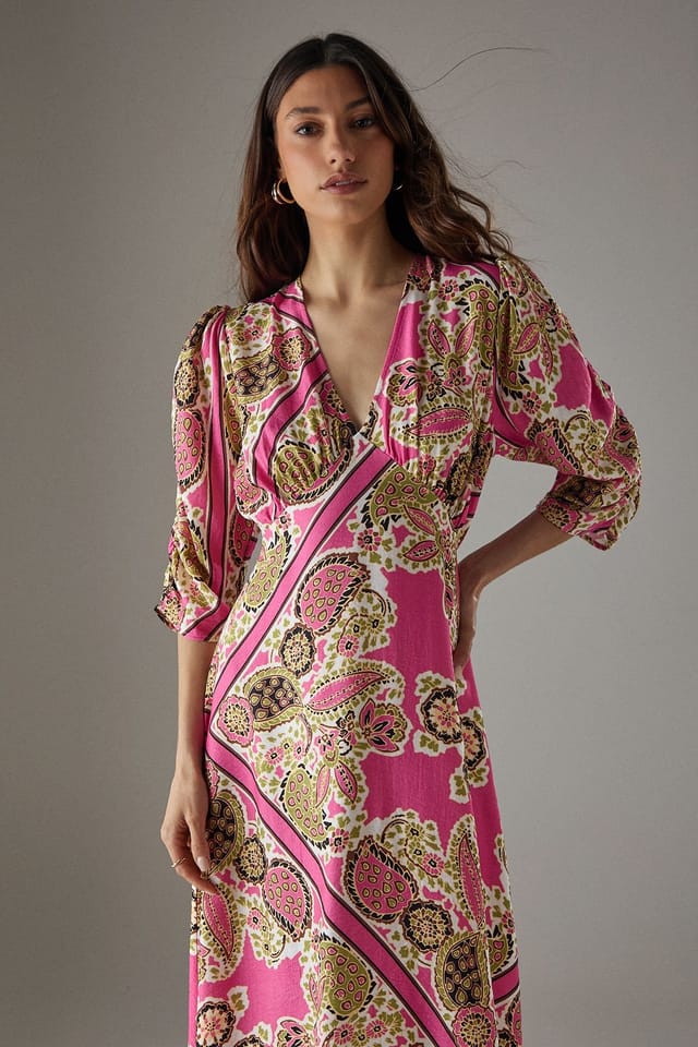 Warehouse Warehouse Women's Viscose Paisley V Neck Puff Sleeve Midi Dress - 2