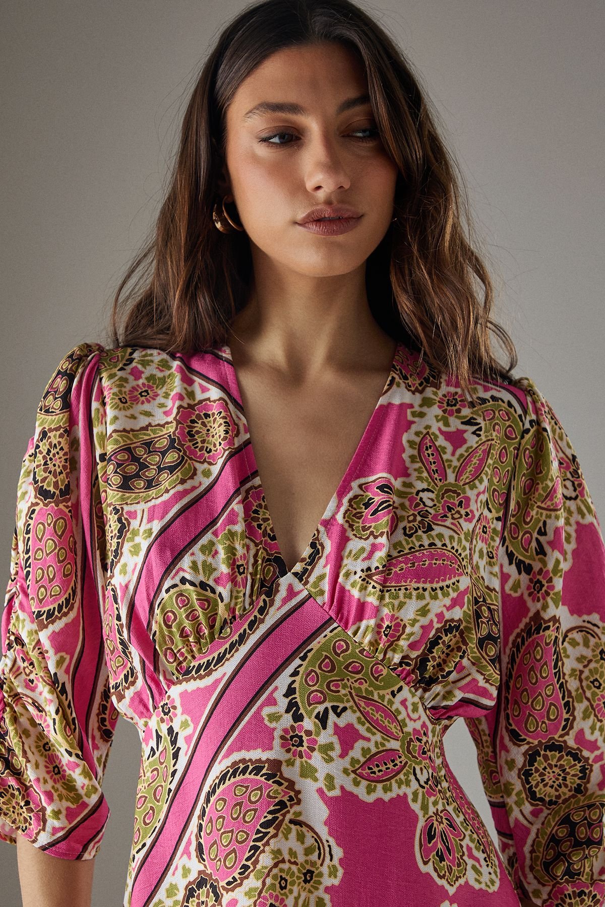 Warehouse Warehouse Women's Viscose Paisley V Neck Puff Sleeve Midi Dress - 3