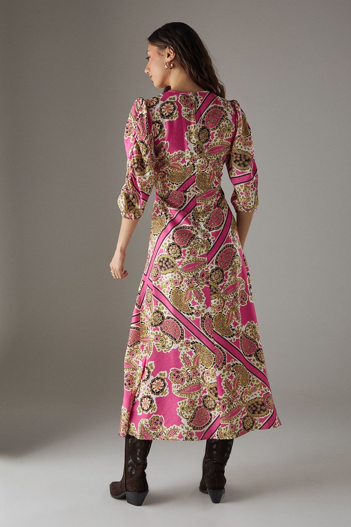 Warehouse Warehouse Women's Viscose Paisley V Neck Puff Sleeve Midi Dress - 4