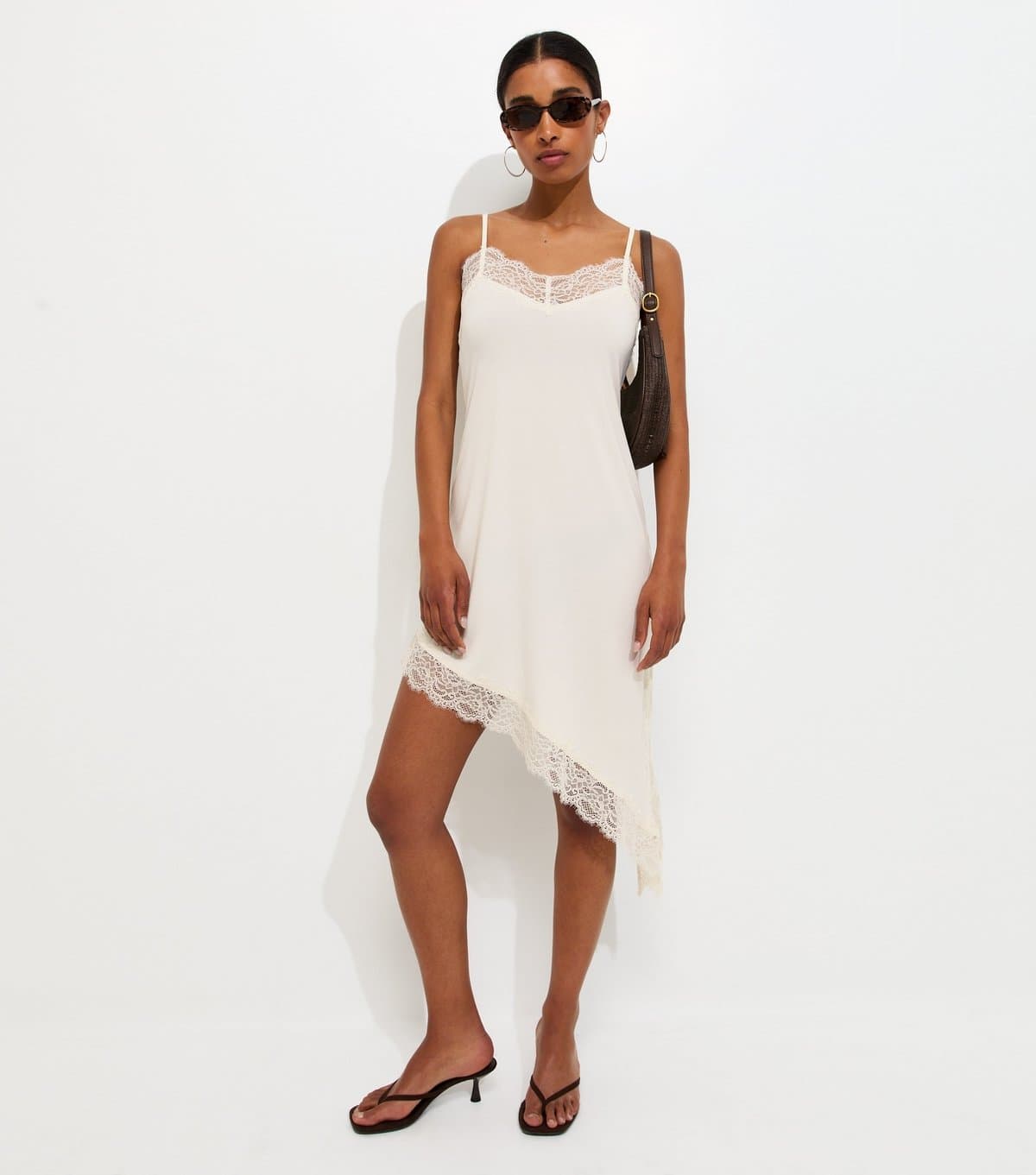 New Look Women's Cream Jersey Lace Trim Asymmetric Hem Cami Dress New Look