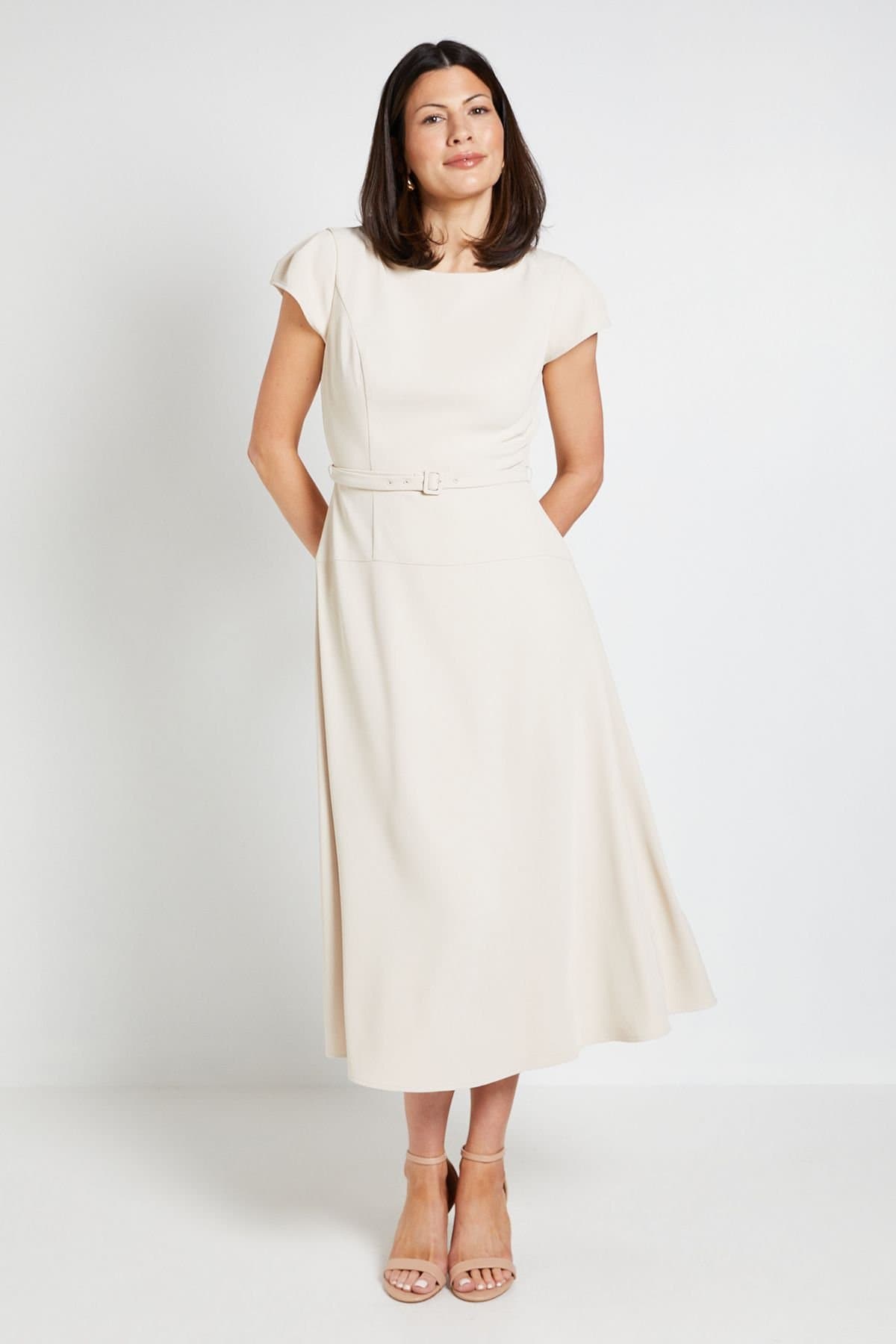 Wallis Wallis Women's Crepe Belted Cap Sleeve Midi Dress in Stone
