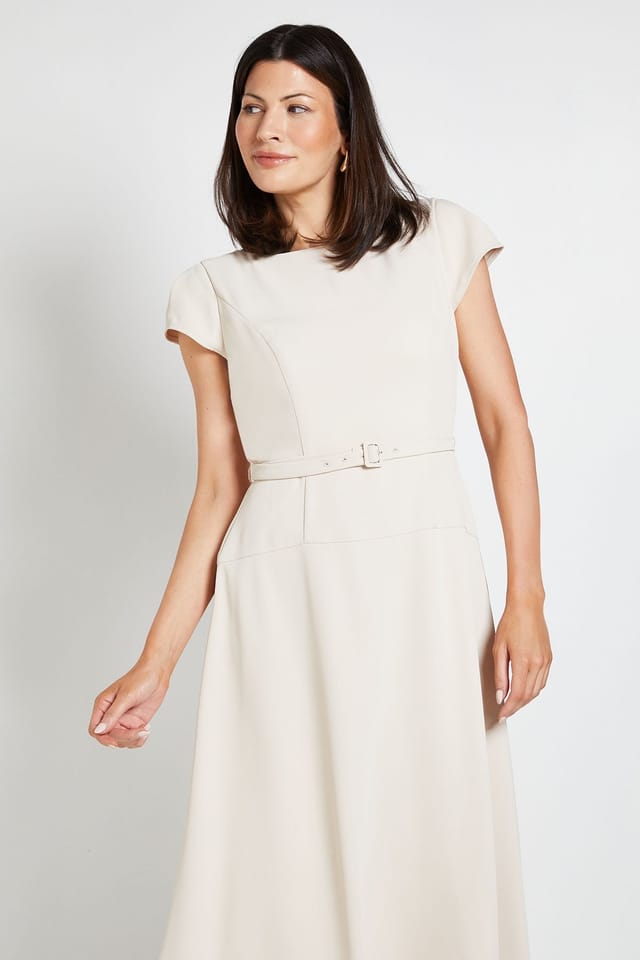 Wallis Wallis Women's Crepe Belted Cap Sleeve Midi Dress in Stone - 2