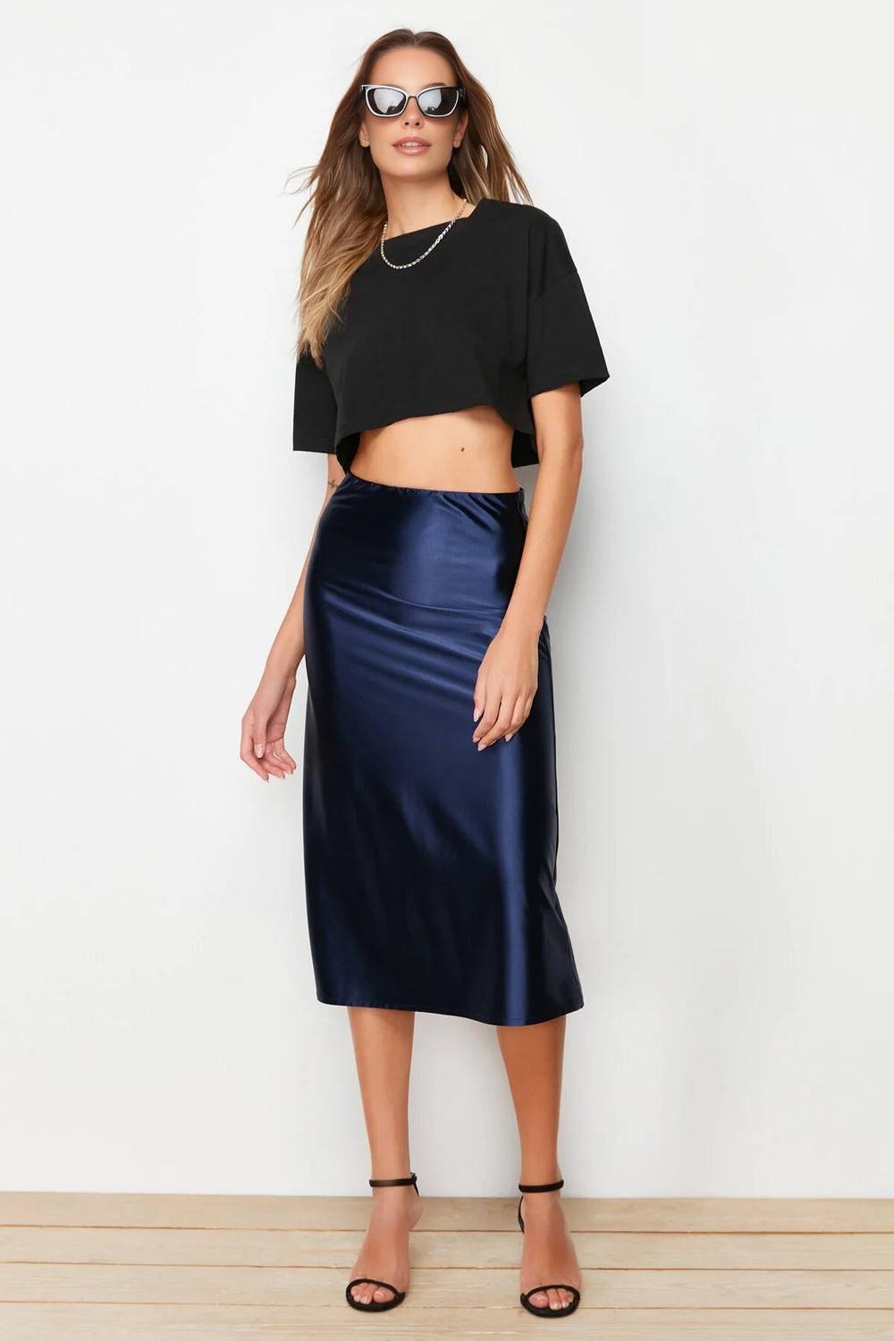 WOVCOR WOVCOR Women's Satin Finish A-Line Midi Skirt in Navy - 2