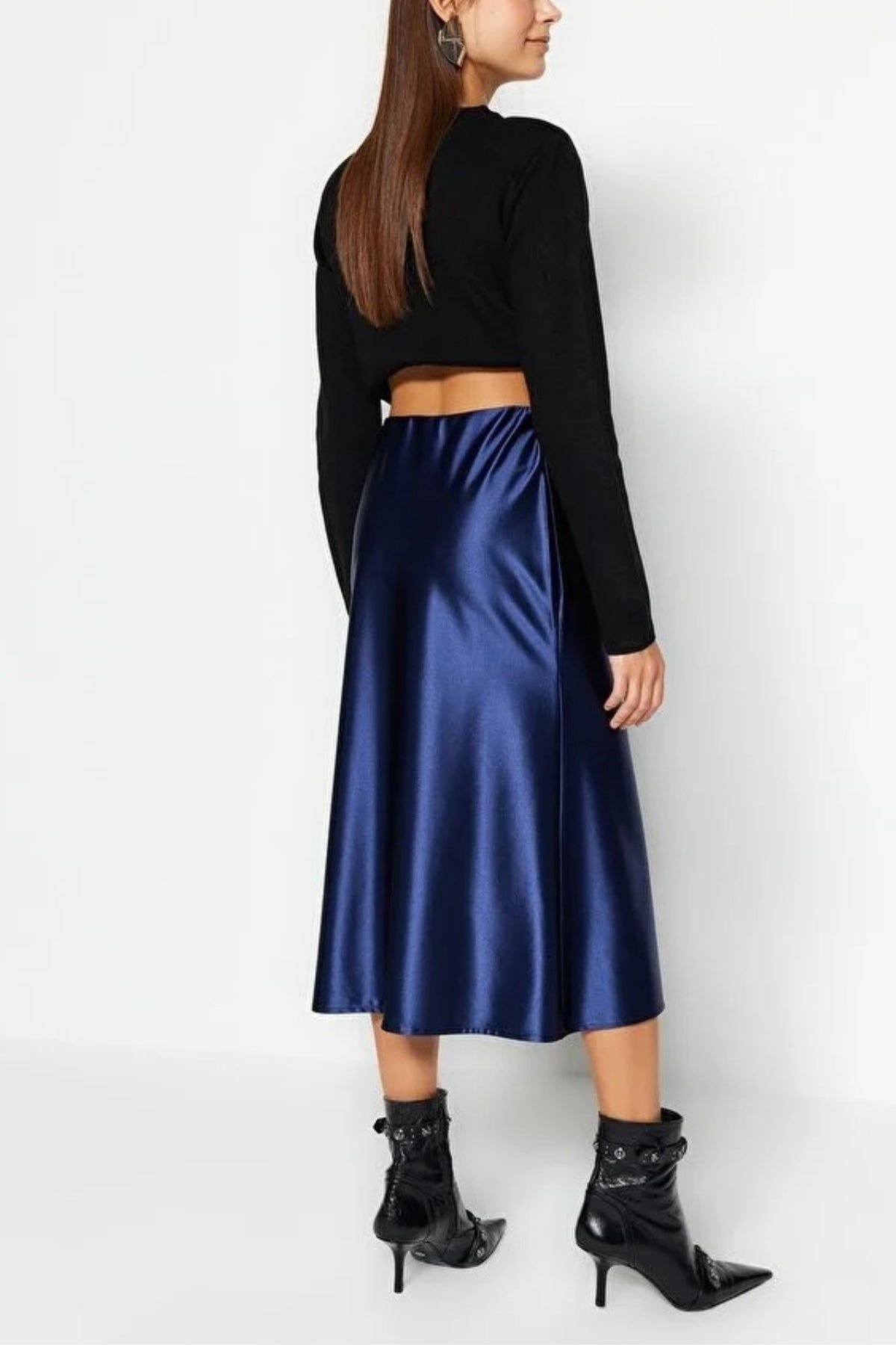 WOVCOR WOVCOR Women's Satin Finish A-Line Midi Skirt in Navy - 3