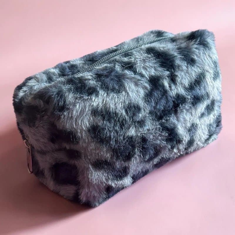 One Size Grey leopard print faux fur fluffy makeup bag pencil case school beauty college