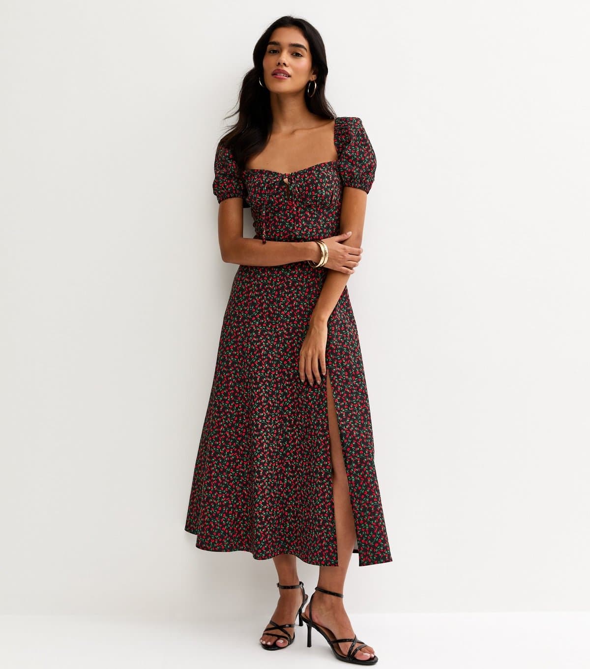 New Look Women's Black Ditsy Floral Sweetheart Neck Midi Dress New Look