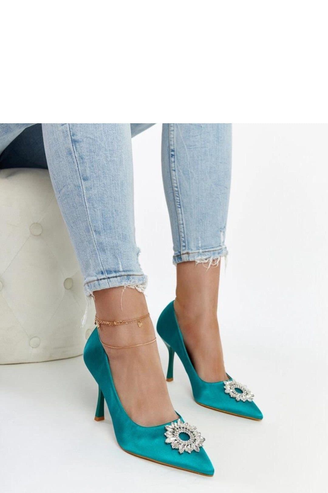 Love Lace Love Lace Women's Summer Green Satin Slip On High Heel Pumps with Zircons in Teal