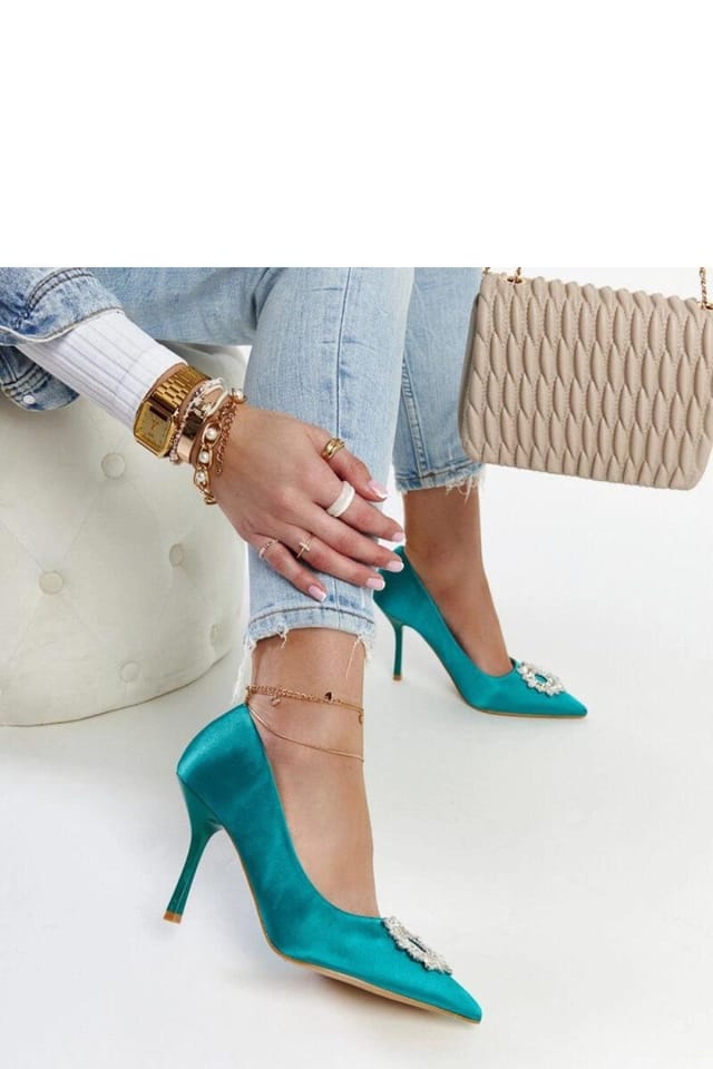 Love Lace Love Lace Women's Summer Green Satin Slip On High Heel Pumps with Zircons in Teal - 2